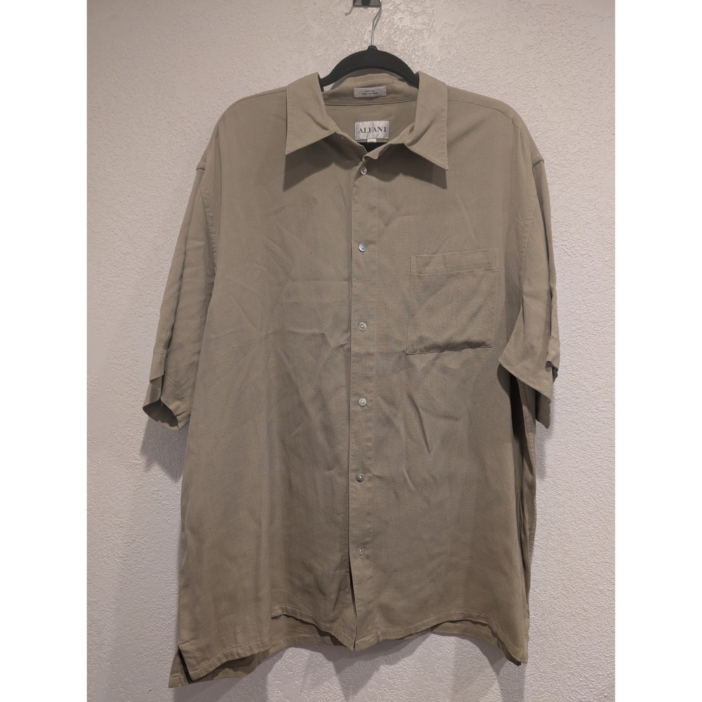 Alfani 100% Silk Button Up Shirt Short Sleeve Relaxed Fit Tan XXL 0216